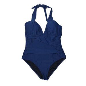 Cupshe Womens Halter One-Piece Swimsuit With Ruched Front XL Blue Nylon, Spandex